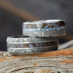 Matching His and Hers Wedding Band Set With Meteorite and Dinosaur Bone Unique Wedding Bands For Him, Native American Wedding Rings, Womens Rings Unique, Hers And Hers, Dinosaur Wedding, Meteorite Wedding Rings, Matching Wedding Band Sets, Matching Wedding Ring Sets, Dinosaur Bone Ring