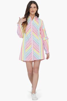 Shirt dress Yarn dyed stripes Button down front Shirt collar Long sleeves with ruffle details Above-the-knee length Made in cotton Rainbow Striped Shirt, Stripe Shirt Dress, Cotton Short Dresses, Spring 2025, Strappy Stilettos, Tie Dye Maxi Dresses, Striped Shirt Dress, Tie Dye Maxi, Dresses Xxl