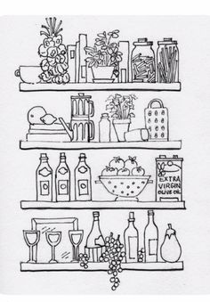 a black and white drawing of shelves filled with bottles, glasses, vases and other items