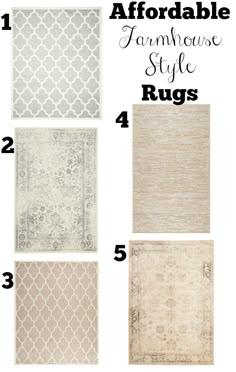 four rugs with different colors and patterns on them, all labeled in the same font