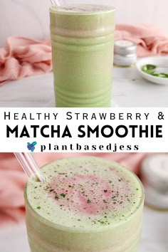 View on a strawberry matcha smoothie. Matcha Powder Smoothie, Matcha Powder Recipes, Smoothie With Banana, Matcha Green Tea Smoothie, Green Tea Smoothie, Strawberry Matcha, Sweet Smoothies, Matcha Recipes