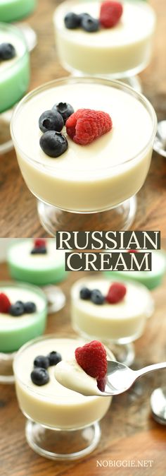 russian cream dessert with berries and blueberries in small glass dishes on a wooden table