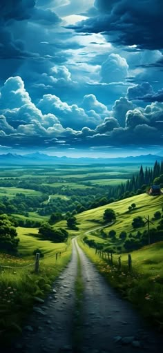 an oil painting of a country road in the middle of a green field under a cloudy sky