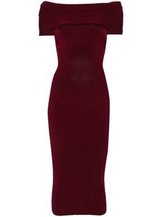 Find MUGLER Off-shoulder Knitted Mididress on Editorialist. blood red knitted construction off-shoulder fitted waistline mid-calf length Red Luxury Dress, Expensive Closet, Bardot Fashion, Dressy Summer Dresses, Mugler Dress, Chanel Loafers, Valentino Dresses, Knitted Midi Dress, Vintage Valentino