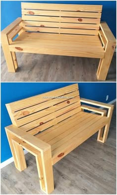 a wooden bench sitting on top of a hard wood floor next to a blue wall