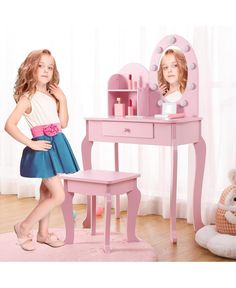 in stock Toddler Vanity, Girls Vanity Table, Color Vanity, Mirror Drawer, Kids Vanity Set, Dressing Table Lights, Pink Velvet Chair, Girls Vanity, Pretend Makeup