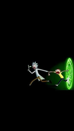 two cartoon characters are running in the dark with green light on their faces and arms