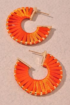 Smaller hoops, just bigger than a quarter, with threaded details. Orange Small Hoop Earrings For Summer, Summer Orange Small Hoop Earrings, Summer Orange Hoop Jewelry, Ivory Earrings, Open Hoop Earrings, Hoop Earrings, Thread, Orange