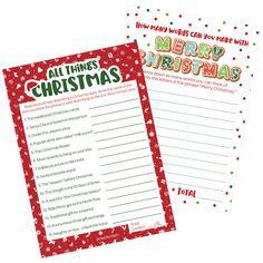 two christmas cards with the words merry christmas written in red, green and white on them