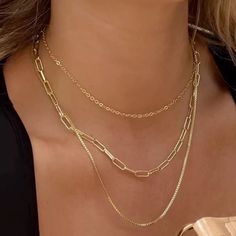 Three stunning, 18k chains all attached with one clasp. A trending piece that has been one of our best sellers for some time now! Material: 18K PVD Gold Plated Stainless Steel (100% Waterproof & Tarnish-Free) Measurements: 14", 16", & 18" with a 2" extender for a longer length if wanted. Each Necklace is nicely wrapped in an organza bag. Unless you prefer to select our Gift Package Option During Checkout Triple Layer Necklace, Gold Snake Chain, Wedding Day Jewelry, Multi Layer Necklace, Layered Necklace Set, Layered Chains, Silver Snake Chain, Gold Necklace Layered, Minimal Jewelry