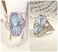 two different views of a ring with blue stones and diamonds on the sides, one in white gold