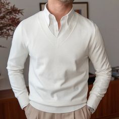 Elegant Winter White Sweater With Ribbed Cuffs, Classic Long Sleeve V-neck Sweater, Elegant White V-neck Winter Sweater, Classic White V-neck Sweater For Work, White Long Sleeve Polo Sweater With Ribbed Collar, Modern White Sweater With Ribbed Cuffs, White Sweater With Ribbed Collar For Fall, White Ribbed Collar Sweater For Fall, Winter V-neck Long Sleeve Sweater