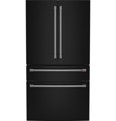 a black refrigerator freezer sitting next to each other