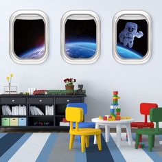 PRICES MAY VARY. MATERIAL: High-quality PVC transparent film production, waterproof, durable. SIZE: W16”×H22”/ W41cm×H56cm. Picture for reference only. EASY TO USE: Just peel and stick, the 3D space astronaut wall stickers can be apply to any smooth, flat, dry surface. With no damage to the wall. WINDOW VIEW DESIGN: The outer space wall sticker has realistic patterns and rich and colorful space elements. It can satisfy the children's understanding of space when you put it on the wall. The outer Outer Space Room, Kids Mural, Space Wall Decals, 3d Wall Decals, Fake Window, Science Stickers, Galaxy Planets, 3d Space, Wall Stickers 3d