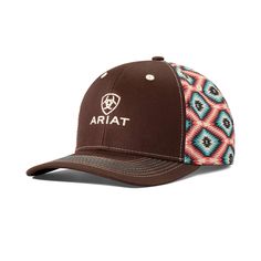 A little Southwestern style. A whole lot of comfort. This structured cap keeps the glare at bay and looks good doing it. Wns Logo Aztec Back Cap Brown | Product Features : 0 : Six panel|Adjustable snap back closure | Women's Logo Aztec Back Cap in Brown 60% Polyester, 40% Cotton. Imported, Size: OS by Ariat Western Hats For Women, Ariat Hats, Ariat Logo, Cowgirl Accessories, Western Clothing, Western Hats, Horse Life, Aztec Pattern, Pretty Stuff