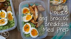 eggs and broccoli breakfast meal prepped in plastic containers on a wooden table