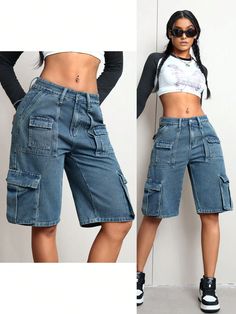 Women's Solid Color Casual Denim Shorts With Pockets Dark Wash Casual   Denim Plain Bermuda Non-Stretch  Women Clothing, size features are:Bust: ,Length: ,Sleeve Length: Vietnam Trip, Jeans Street Style, Fiesta Outfit, Fashion Tights, Shorts Denim, Jeans Casual