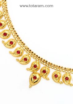 22 karat gold 'mango' mala / necklace with red stones. 
    - 235-GN105 - in 46.600 Grams for USD $5,046.79 USD. 
Made in India by Totaram Jewelers Online this product is in Gold - 22 Karat BIS Hallmark 916 Gold  & is an excellent gift for Adult - Women. Ships fully insured with secured guaranteed delivery for free with your order over $250 from New Jersey USA & comes with 30 days exchange policy. Mango Mala, Red Stones, Mala Necklace, Red Stone, Gifts For Adults, 22k Gold, New Jersey, Hallmark, Mango