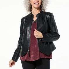 Colleen Lopez Faux Leather Jacket  A modern-day, versatile wardrobe staple, this edgy faux leather jacket adds an effortless cool-girl vibe to all your workday-to-weekend looks. Chic Leather Jacket With Faux Front Pockets, Versatile Leather Jacket For Fall, Versatile Fall Outerwear For Night Out, Trendy Spring Leather Jacket With Faux Pockets, Modern Fall Outerwear For Night Out, Modern Outerwear For Night Out In Fall, Faux Leather Biker Jacket For Work In Fall, Modern Biker Jacket For Spring Workwear, Sleek Leather Jacket For Spring Workwear