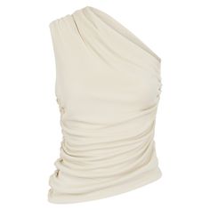 The Aura Top is created for refined femininity, with a beautiful one shoulder ruched detail.  Constructed in locally sourced, premium french crepe for a luxury day to evening look.  Designed and Made in the UK. 100% POLYESTER  UK Knitted Fabric Simple White Top, Luxury Wishlist Ideas, Luxury Tops For Women, Luxury Feminine Off White Top, Chic Tops Classy, Luxury Designer White Top, White One Shoulder Top Outfit, White Fancy Top, Luxury Vintage White Tops