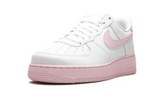 The Nike Air Force 1 Low '07 has returned with yet another vibrant colorway of the iconic silhouette.  A pastel update for the white sneaker fan, this low-top Air Force 1 features a light pink take on the brand’s signature Nike Swoosh on the side and heel tab.  On the lower half, a corresponding light pink sole completes the look and juxtaposes nicely with the all-white leather up top.  Nike Air branding appears on the tongue, heel, and midsole. Foams Shoes, Foam Shoes, Top Nike, Jordan Air, Nike Air Force 1 07, Cute Nike Shoes, Cute Nike, Air Jordan Sneakers, Cute Nikes