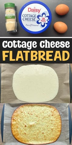 an image of cottage cheese flatbreads in the oven with text overlay that reads cottage cheese flat bread