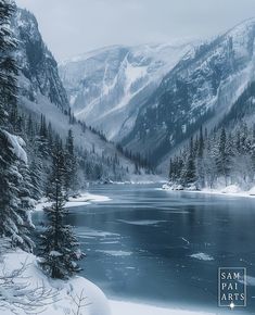 a lake surrounded by snow covered mountains and pine trees