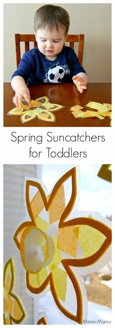 a young boy sitting at a table with paper flowers on it and the words spring sun catchers for toddlers