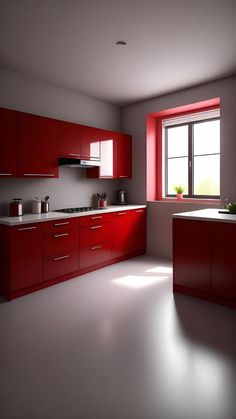 an empty kitchen with red cabinets and white counter tops is seen in this image, while the sun shines through the window