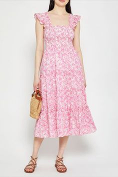 Adorable ruffled cap sleeves finish off the smocked bodice of this soft and breezy dress. Done with a tiered maxi skirt. Hot Pink Floral, Tiered Maxi Skirt, Breezy Dress, For Love & Lemons, For Love And Lemons, Alice Olivia, Cotton Style, S Models, For Love