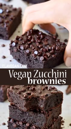 vegan zucchini brownies stacked on top of each other with chocolate chips