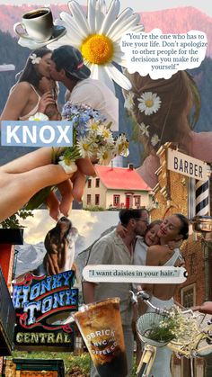 the collage shows people holding flowers and kissing