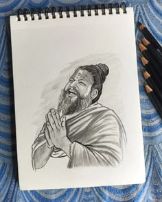 a pencil drawing of a bearded man with his hands folded in front of him and praying