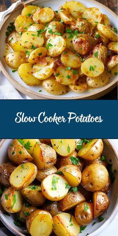 two plates filled with potatoes on top of a table