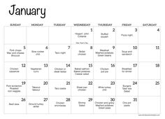 january calendar with the holidays in black and white, as well as dates for each month