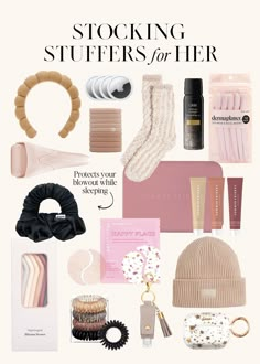 the contents of a stocking stuff set out in pink and white with text that reads,