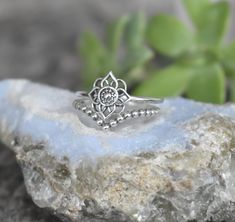 "Mandala Ring details: -Solid .925 sterling silver -Measures 10mm x 10mm - Ring band measures 1.4mm wide -Set of two includes Chevron Bead band 1.5mm -Comfortable and easily stackable! -Available in US sizes 4-10.5 with half sizes. Other rings shown here: https://www.etsy.com/shop/AWildViolet?ref=seller-platform-mcnav&section_id=13958646 Looking for a last minute or unique Christmas gift? Visit our \"READY TO SHIP\" section here, ships out in one business day https://www.etsy.com/shop/AWildViole Adjustable Sterling Silver Spiritual Crystal Ring, Spiritual Silver Open Midi Rings, Silver Spiritual Open Midi Rings, Sterling Silver Spiritual Toe Midi Rings, Spiritual Sterling Silver Flower Ring, Spiritual Sterling Silver Crystal Promise Ring, Sterling Silver Spiritual Crystal Promise Ring, Handmade Spiritual Sterling Silver Midi Rings, Spiritual Silver Crystal Ring