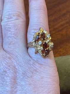 Mid-Century Citrine and Rhinestone  Size 6  18K H.G.E Ring - MOD This gorgeous eye-catching collectible ring is perfect for any occasion, it will delight you every time you wear it! It will make a wonderful addition to your collection or an excellent gift!  The size 6 is on the smaller size of the 6 just ever so slightly. This very detailed and unique piece is in excellent preowned vintage condition. Please review photos for all details, they are part of the description.  Smoke-free home.  Comes