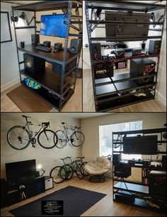 there are three different views of a room with bikes and other things on the shelves