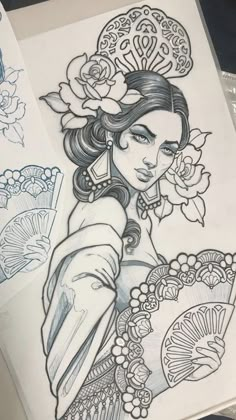 Neotraditional Woman Tattoo Design, Pretty Lady Tattoo, Spanish Woman Tattoo, Neo Traditional Art Sketches, Neo Traditional Woman, Neotraditional Tattoo Flash Art, Geisha Drawing