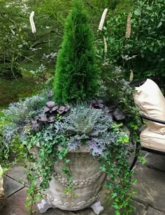 a planter filled with lots of plants next to a chair and trees in the background