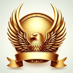 a golden emblem with an eagle and ribbon