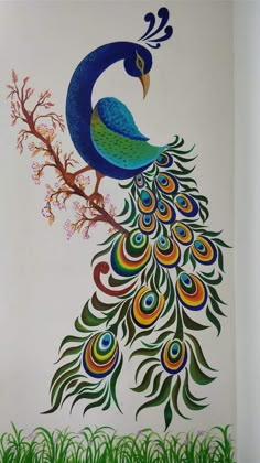 a painting of a peacock sitting on top of a tree branch with flowers in its tail