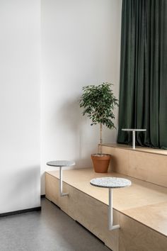 a potted plant sitting on top of a wooden bench in front of a window