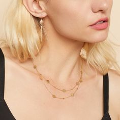 #All The chic double drop design of our Manhattan Layered Station Necklace will never go out of style. This substantial piece features alternating gold discs and dots along two delicate chains in a way that will always catch the light. The Finer Points: #YellowGold-14kSolidGold-17 14k Solid Yellow Gold 17 Inches Length 3.6 Grams Solid Gold Crafted in Istanbul, Turkey #RoseGold-14kSolidGold-17 14k Solid Rose Gold 17 Inches Length 3.6 Grams Solid Gold Crafted in Istanbul, Turkey Gold Disc, September 2022, Silk Linen, Funky Jewelry, Station Necklace, Gold Price, Drops Design, Istanbul Turkey, Cashmere Wool