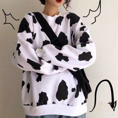 Harajuku Cow Printed Fleece Sweatshirt on Storenvy Cow Aesthetic, Cow Outfits, Cow Stuff, Kawaii Sweatshirt, Kawaii Harajuku, Loose Pullover, Tony Moly, Zip Up Sweater, Fleece Sweatshirt