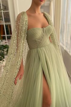 Teuta Matoshi, Split Prom Dresses, Lace Cape, Sparkly Prom Dress, Soiree Dresses, Cape Gown, Soiree Dress, Custom Prom Dress, Elegant Prom Dresses