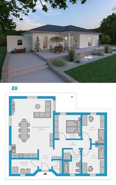 the floor plan for this modern home is shown in blue and white, with an open living