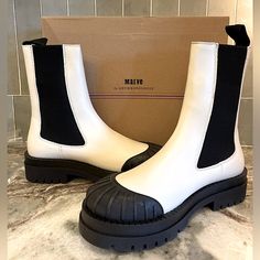 Nwt-Maeve Anthro Chelsea Boots. White/Ivory Leather With Black Rubber Toe And Heel. Size 39 (Us Size 8-8.5) **Reviews Say This Shoe Runs Small White Ankle-high Boots With Rubber Sole, White Boots With Leather Sole And Round Toe, White Round Toe Boots With Leather Sole, White Leather Sole Boots With Round Toe, White Leather Boots With Round Toe, Chic Cream Boots With Lug Sole, White Boots With Lug Sole And Round Toe, White Ankle-high Boots With Contrast Sole, White Closed Toe Boots For Fall