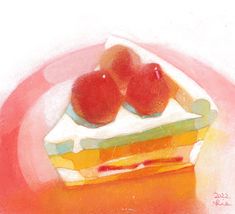 a painting of a piece of cake with two apples on top